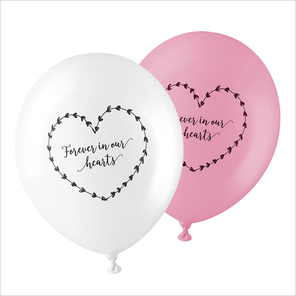 50 White & Pink 'Forever In Our Hearts' Biodegradable Funeral Balloons