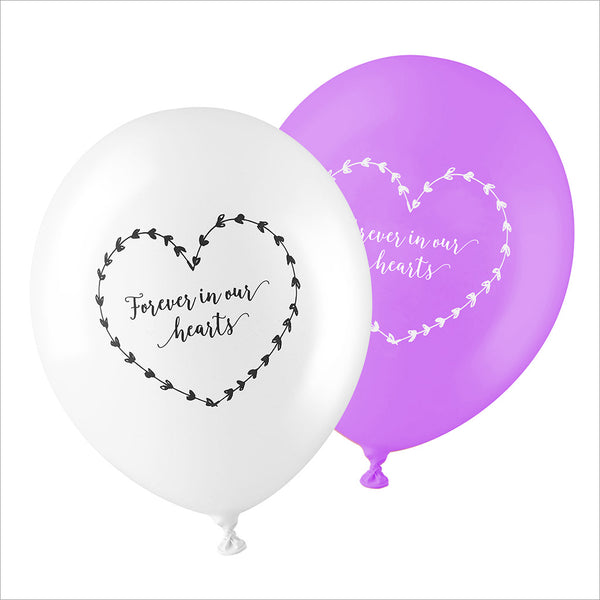 50 White & Purple 'Forever In Our Hearts' Biodegradable Funeral Balloons