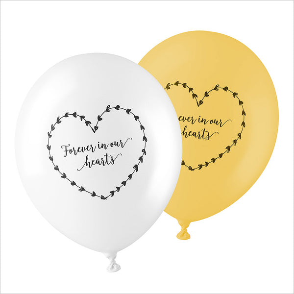 50 White & Yellow 'Forever In Our Hearts' Biodegradable Funeral Balloons