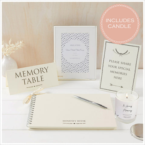 Funeral Memory Table Collection with Candle - A4 Memory Book, Candle with Silver Lid, 'Memories' Pen, Silver Photo Frame & 2 Signs