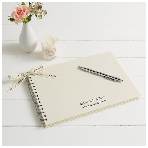 A4 Ivory Funeral Memory Book & Silver 'Memories' Pen