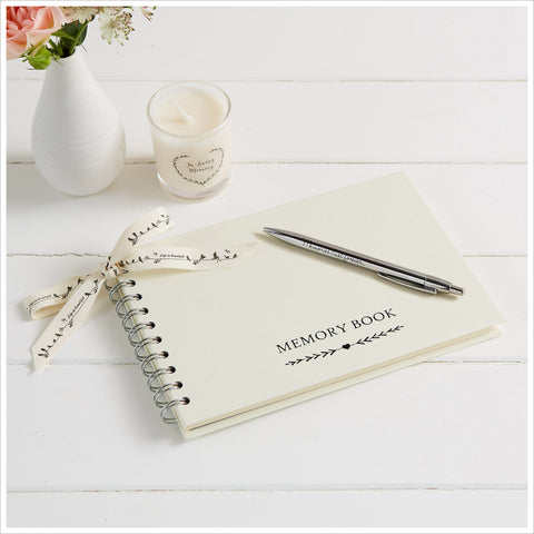 A5 Ivory Funeral Memory Book & Silver 'Memories' Pen