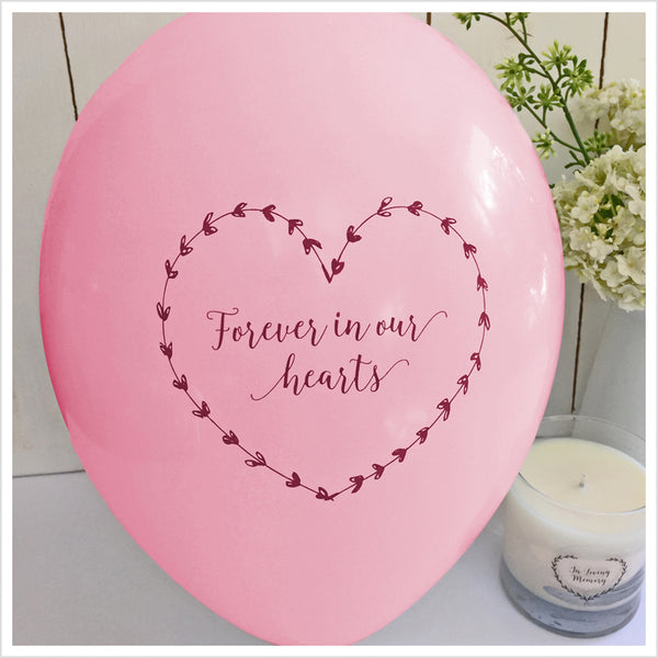 50 White & Pink 'Forever In Our Hearts' Biodegradable Funeral Balloons