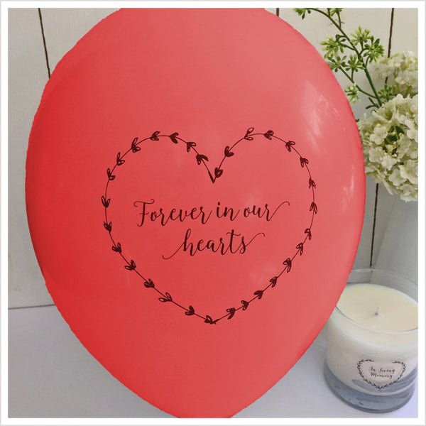 50 White & Red 'Forever In Our Hearts' Biodegradable Funeral Balloons