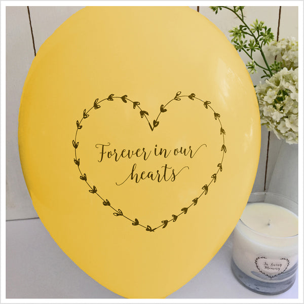 50 White & Yellow 'Forever In Our Hearts' Biodegradable Funeral Balloons