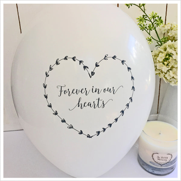 50 White & Pink 'Forever In Our Hearts' Biodegradable Funeral Balloons