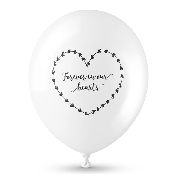 25 White 'Forever In Our Hearts' Biodegradable Funeral Balloons