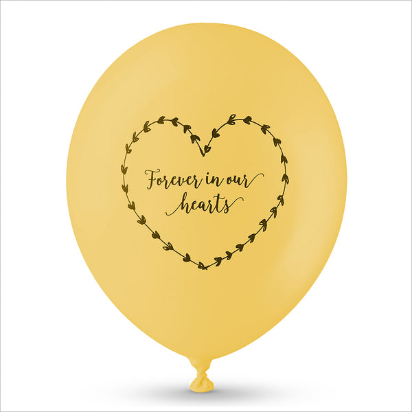 25 Yellow 'Forever In Our Hearts' Biodegradable Funeral Balloons