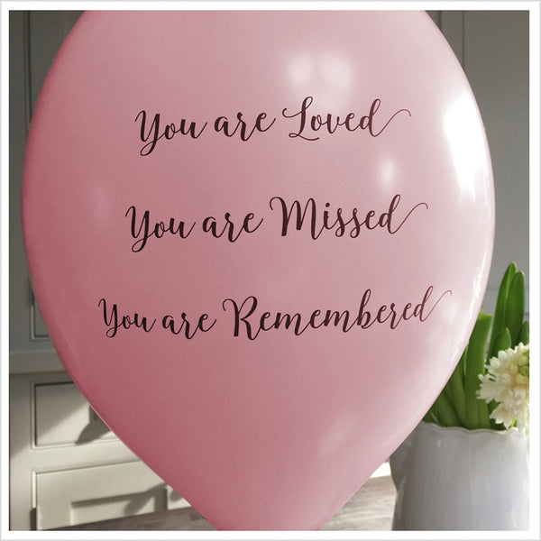 50 White & Pink 'You are Loved, Missed, Remembered' Biodegradable Funeral Balloons