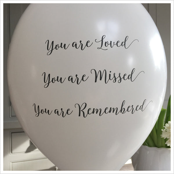 50 White & Purple 'You are Loved, Missed, Remembered' Biodegradable Funeral Balloons