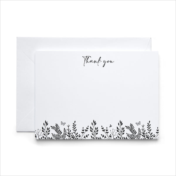 10 Monochrome Leaves Thank You Cards & Envelopes