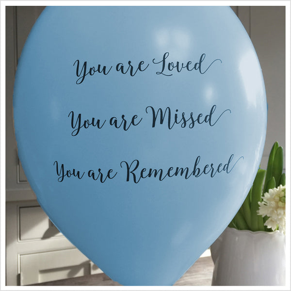 50 White & Blue 'You are Loved, Missed, Remembered' Biodegradable Funeral Balloons