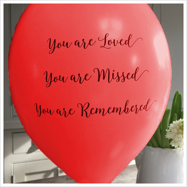 50 White & Red 'You are Loved, Missed, Remembered' Biodegradable Funeral Balloons