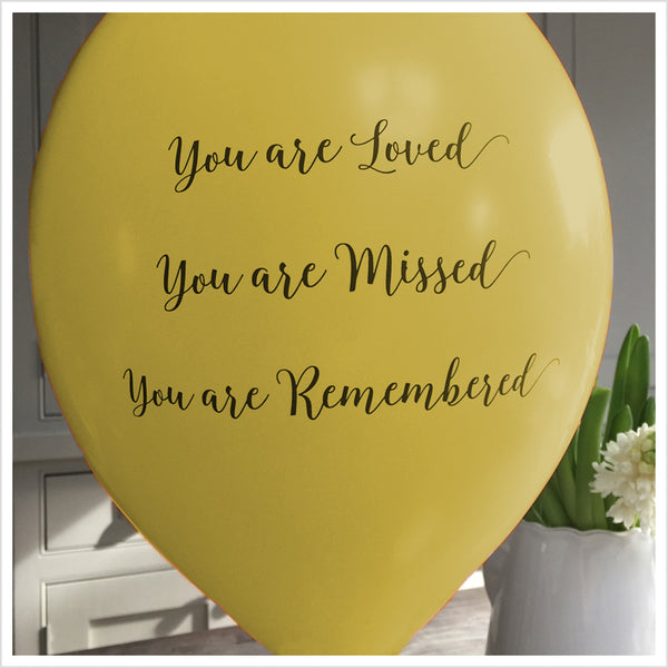 50 White & Yellow 'You are Loved, Missed, Remembered' Biodegradable Funeral Balloons