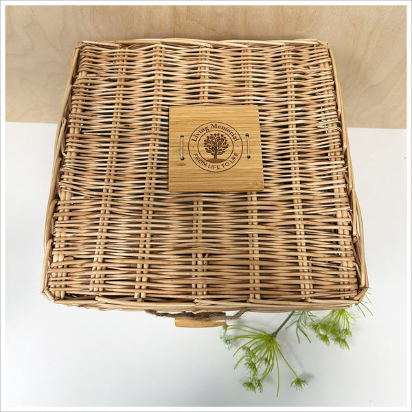 Willow Casket & Soil Blend Natural Burial Collection - Wicker Casket, Soil Blend, Memory Cards, Wooden Plaque & Petals - Angel & Dove