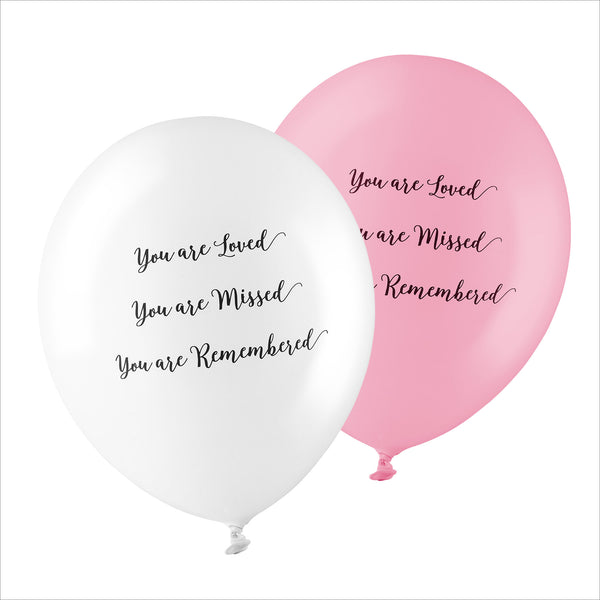 50 White & Pink 'You are Loved, Missed, Remembered' Biodegradable Funeral Balloons