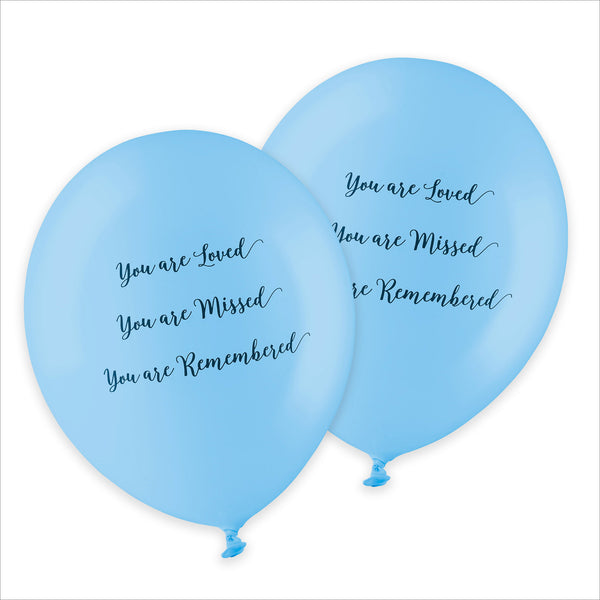 25 Blue 'You are Loved, Missed, Remembered' Biodegradable Funeral Balloons