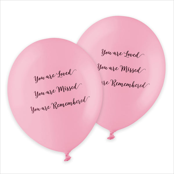 25 Pink 'You are Loved, Missed, Remembered' Biodegradable Funeral Balloons