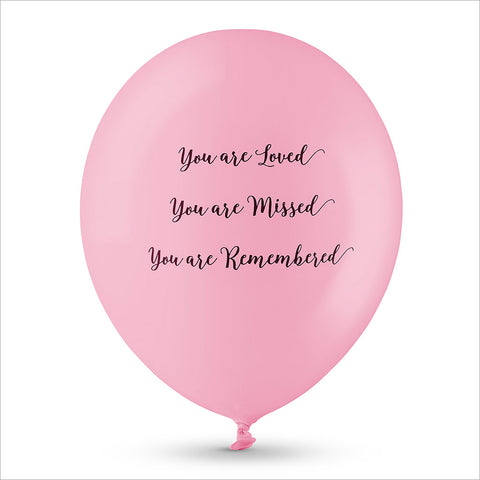 25 Pink 'You are Loved, Missed, Remembered' Biodegradable Funeral Balloons