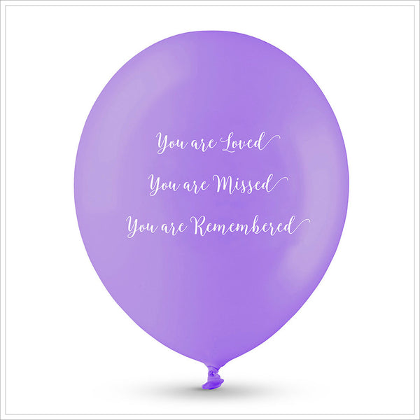 50 White & Purple 'You are Loved, Missed, Remembered' Biodegradable Funeral Balloons