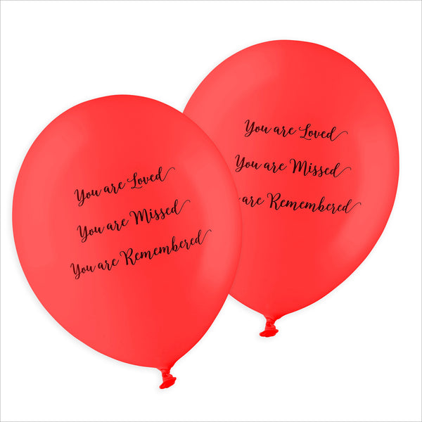 25 Red 'You are Loved, Missed, Remembered' Biodegradable Funeral Balloons