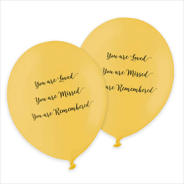 25 Yellow 'You are Loved, Missed, Remembered' Biodegradable Funeral Balloons