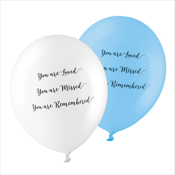 50 White & Blue 'You are Loved, Missed, Remembered' Biodegradable Funeral Balloons