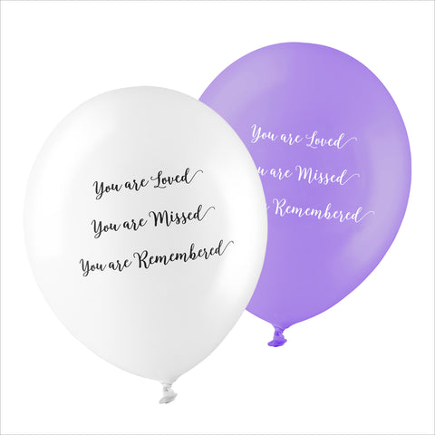 50 White & Purple 'You are Loved, Missed, Remembered' Biodegradable Funeral Balloons