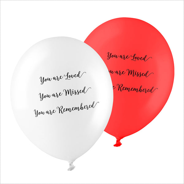 50 White & Red 'You are Loved, Missed, Remembered' Biodegradable Funeral Balloons