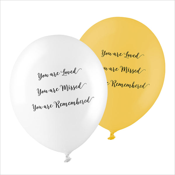 50 White & Yellow 'You are Loved, Missed, Remembered' Biodegradable Funeral Balloons