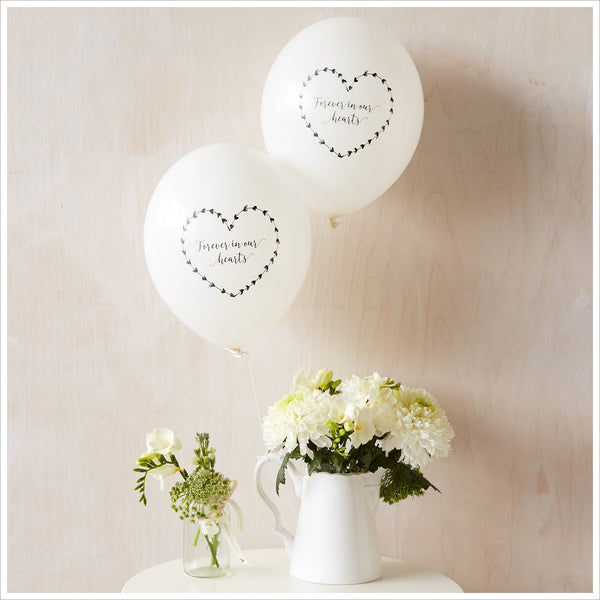 50 White & Yellow 'Forever In Our Hearts' Biodegradable Funeral Balloons