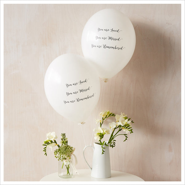 50 White & Purple 'You are Loved, Missed, Remembered' Biodegradable Funeral Balloons