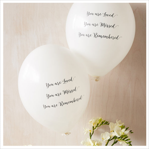 50 White & Red 'You are Loved, Missed, Remembered' Biodegradable Funeral Balloons